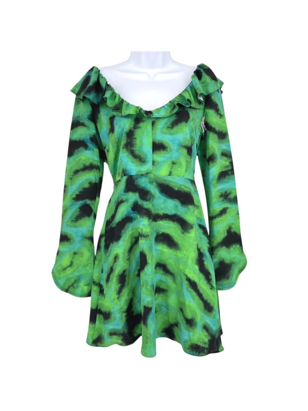 Topshop Green Abstract Print Ruffle V-Neck Bell Sleeve Mini Dress Size 4 NWOT